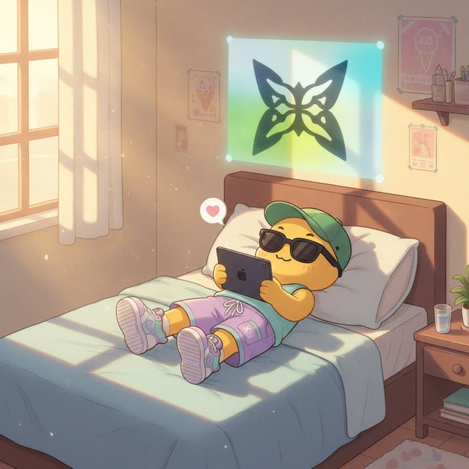 An illustrated cartoon of a character wearing sunglasses and a green cap relaxing on a bed while using a smartphone, with a butterfly logo displayed on the wall.