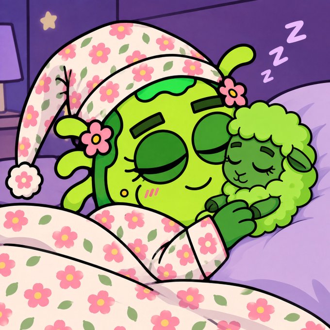 Cartoon illustration of a green character wearing a floral nightcap, sleeping peacefully in bed while cuddling a small green sheep.