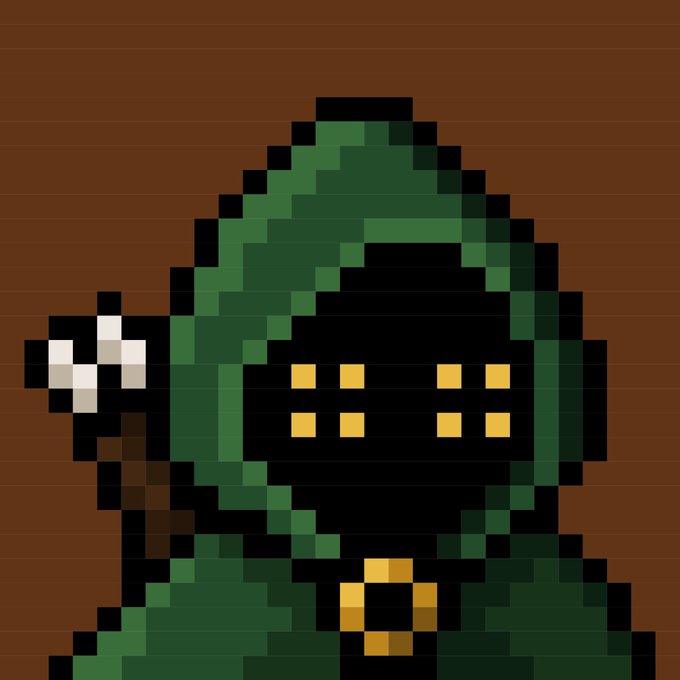 Pixel art illustration of a hooded figure in green with yellow glowing eyes and a gold pendant, holding a small white object.