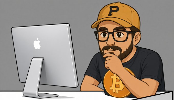 A cartoon illustration of a bearded man wearing glasses and an orange 'P' cap, sitting thoughtfully at a desk with an Apple computer and a Bitcoin coin.