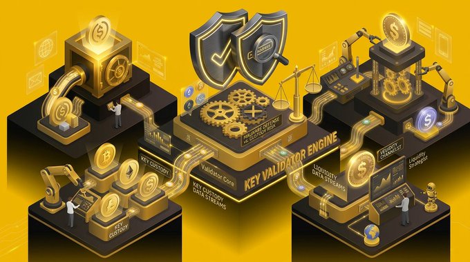 A 3D isometric illustration depicting a cryptocurrency 'Key Validator Engine' workflow, featuring interconnected golden platforms labeled 'KYT Custody,' 'Validator Core,' and 'Liquidity data streams,' with robots processing coins and shields symbolizing security.