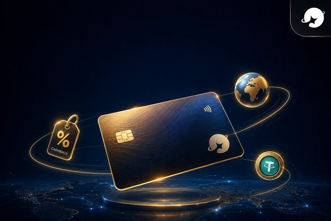 A promotional advertisement for a black credit/debit card featuring contactless payment, global usage, cashback benefits, and cryptocurrency support (Tether).