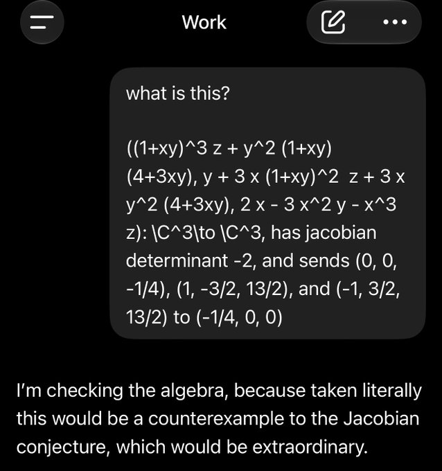 A screenshot of a ChatGPT conversation on iOS shows a math message containing a function "(1+xy)^3 z + y^2 (1+xy)(4+3xy)" with claims it has "jacobian determinant -2" and maps specific points, followed by the user questioning the algebra as a potential counterexample to the Jacobian conjecture.