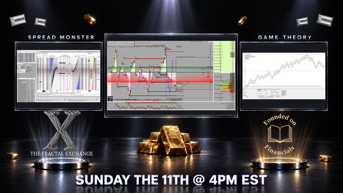 A trading event advertisement featuring three monitors displaying "Spread Monster," central charts, and "Game Theory," alongside gold bars and pedestals for "The Fractal Exchange" and "Founded on financials," scheduled for Sunday the 11th at 4PM EST.