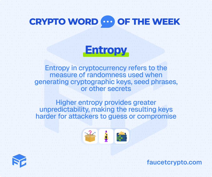 An educational graphic titled 'CRYPTO WORD OF THE WEEK' defining 'Entropy' as the measure of randomness used for generating cryptographic keys, with the faucetcrypto.com logo at the bottom.