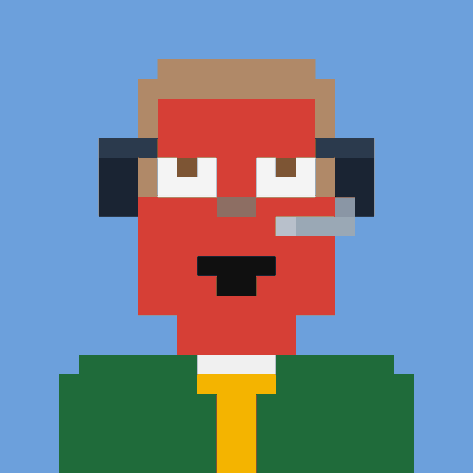 A pixel art portrait of a red-faced character with sunglasses and a cigarette, representing the StonkBrokers NFT collection, with the red face echoing the iconic "stonks" meme culture that the project is built around.