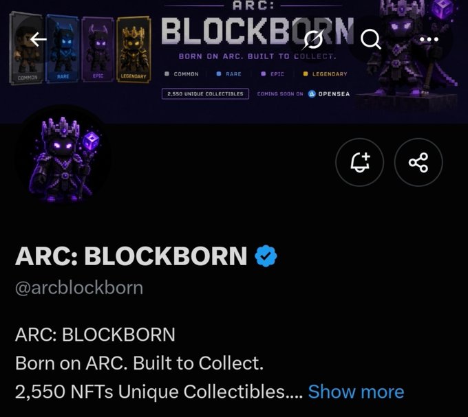 A Twitter profile page for "@arcblockborn" showcasing ARC: BLOCKBORN, a digital NFT collection with 2,550 unique collectibles categorized as Common, Rare, Epic, and Legendary, set to launch on OpenSea. The banner displays pixel-art warrior characters, supporting the post's claim of establishing Blockborn as an OG collection within the ARC ecosystem.
