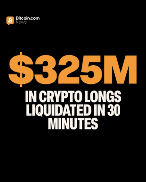 The image, branded with the Bitcoin.com News logo, features bold orange and white text on a black background announcing "$325M IN CRYPTO LONGS LIQUIDATED IN 30 MINUTES." It visually highlights the key figure from the accompanying post detailing the massive market sell-off that caused major cryptocurrencies including BTC, ETH, BNB, SOL, and XRP to all fall below key price support levels.