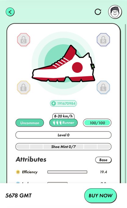 A green-themed mobile app screen displaying a sneaker NFT/collectible card labeled 'Uncommon,' 'Runner,' with stats like '8-20 km/h,' '100/100,' 'Level 0,' and a 'BUY NOW' button for 5678 GMT.