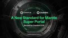 A dark graphic with a green digital eye design in the background, featuring the text 'A New Standard for Mantle Super Portal' and 'Secured by Chainlink CCIP'.