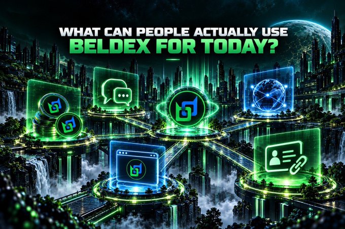 A vibrant digital art graphic asks 'WHAT CAN PEOPLE ACTUALLY USE BELDEX FOR TODAY?' featuring glowing neon icons representing messaging, identity, web browsing, and decentralized applications set against a futuristic cityscape.