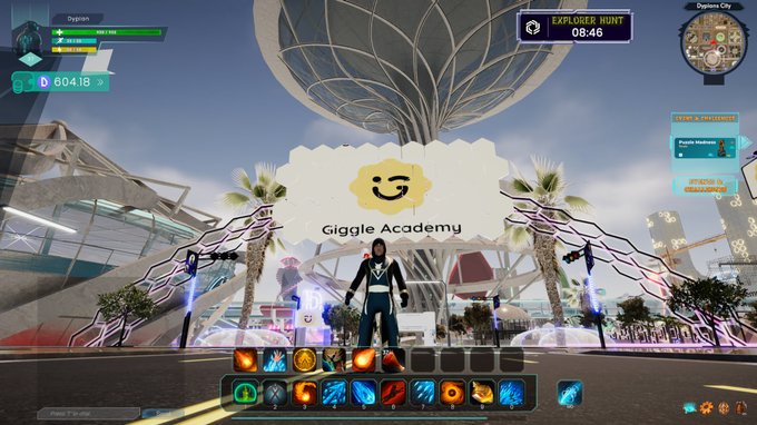 A video game screenshot showing a character standing in front of a 'Giggle Academy' entrance with a smiley face logo, palm trees, and a futuristic dome, with an 'EXPLORER HUNT' timer at 08:46.
