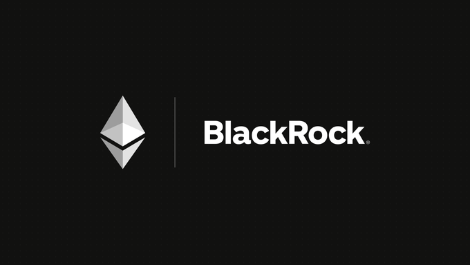 A black screen displaying the Ethereum logo next to the BlackRock company name, indicating a partnership between the two.