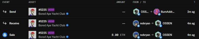 A transaction history showing 'Bored Ape Yacht Club #5225' NFT activity with Send, Receive, and Sale events involving addresses like 'nobryan' and 'OSSEN'.