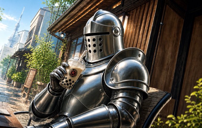 The image features a man dressed as a knight sitting outside of a building while holding a drink, possibly a cup of tea or coffee. The man appears to be wearing a metal suit with a helmet, which adds an element of authenticity to his appearance. The surrounding area includes trees and buildings in the background, creating a scene that could be found in a movie poster or promotional material for a video game. The post also mentions collecting NFTs and sharing WAGMI (with @MemeMilitiaNFT), suggesting that this man might be participating in an online gaming event or convention related to the knight character he is portraying.