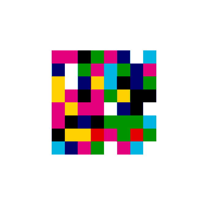 An abstract composition of colorful pixelated squares in pink, blue, green, yellow, black, and white on a plain background.