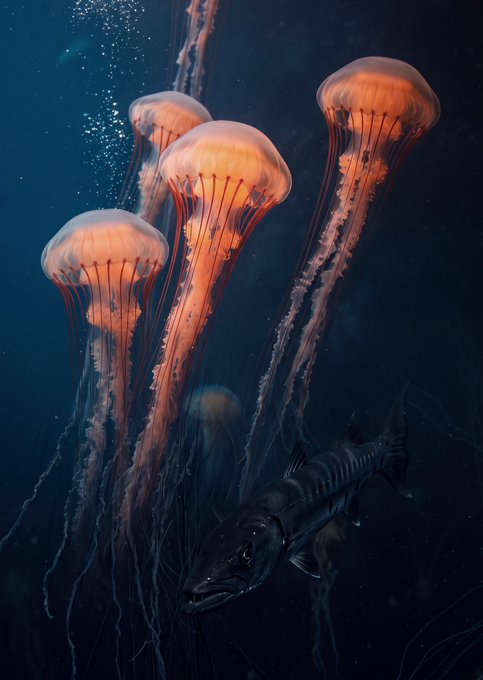 An underwater scene featuring several glowing jellyfish with long trailing tentacles swimming above a shark in dark blue water.