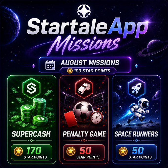 A promotional graphic for StartaleApp's August Missions features a space-themed design showcasing four tasks: Supercash (170 Star Points), Penalty Game (50 Star Points), Space Runners (50 Star Points), and August Missions (100 Star Points), totaling potential rewards for completing GM and DeFi-related activities.