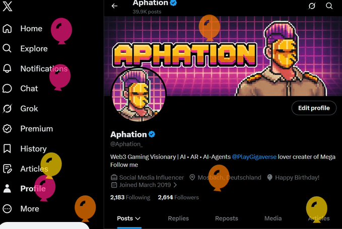 A social media profile page for 'Aphation' (@Aphation_) describing themselves as a 'Web3 Gaming Visionary | AI · AR · AI-Agents @PlayGigaverse' with pixel art branding.