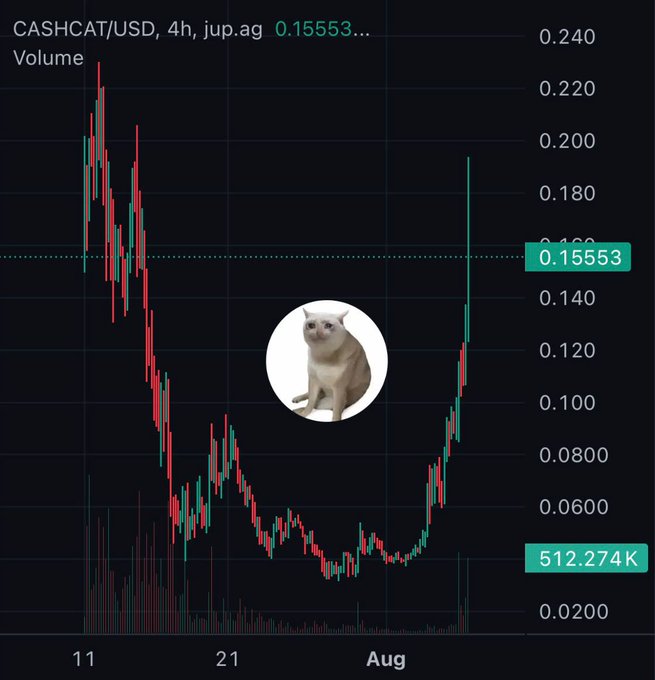 The image displays a 4-hour candlestick chart for CASHCAT/USD, showing price climbing from lows around $0.02 to approximately $0.15553 (near previous highs of ~$0.22), with a significant volume spike of 512.274K accompanying the recent breakout rally highlighted by green candles—visually reinforcing the post's claim of a 70% surge following the Robinhood listing news.