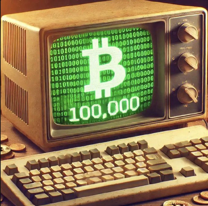 A retro-style computer monitor displays a green Bitcoin logo and '100,000' against a background of binary code, with an old keyboard and coins in the foreground.
