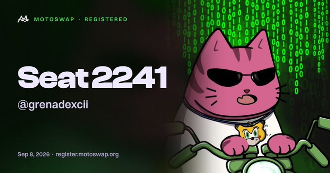 A digital graphic displays 'Seat 2241' and '@grenadexcii' alongside a cartoon pink cat character wearing sunglasses, with 'MOTOSWAP · REGISTERED' and the date 'Sep 8, 2026 · register.motoswap.org' visible.
