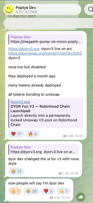 A Telegram chat from "Poptye Dev" (6,767 readers) discusses the deployment of DYORV3 on the ARC blockchain via dyorv3.org and dyorswap.org, noting that noxa was deployed a month ago with many tokens already bonding to Uniswap on Robinhood Chain. The image relates to the accompanying post by showing ongoing DYORswap development activity across multiple chains, supporting the claim that ARC Chain is becoming DYORswap's domain.