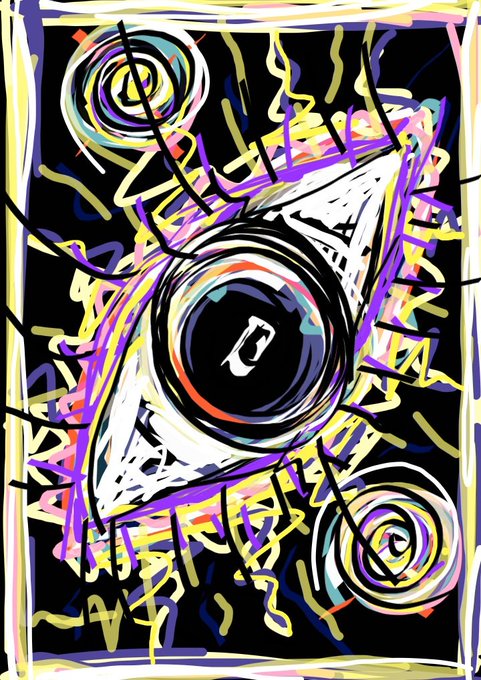 An abstract colorful digital artwork featuring two stylized eyes surrounded by swirling lines in yellow, purple, and pink against a black background.