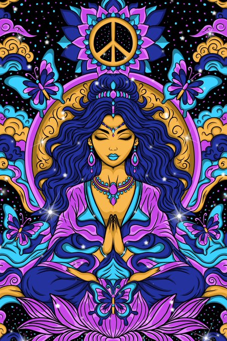 A colorful psychedelic illustration of a meditating woman with blue hair, wearing jewelry and surrounded by butterflies and a golden peace sign halo.
