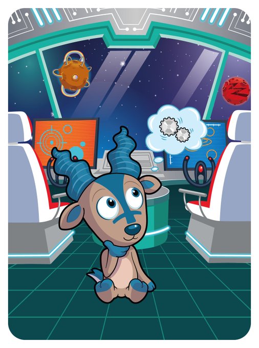 A cartoon illustration of a small brown and blue horned creature sitting on the floor of a spaceship cockpit. Through the windows, a starry space scene with an orange ringed planet and a red planet is visible, with a thought bubble showing gears above the creature's head.