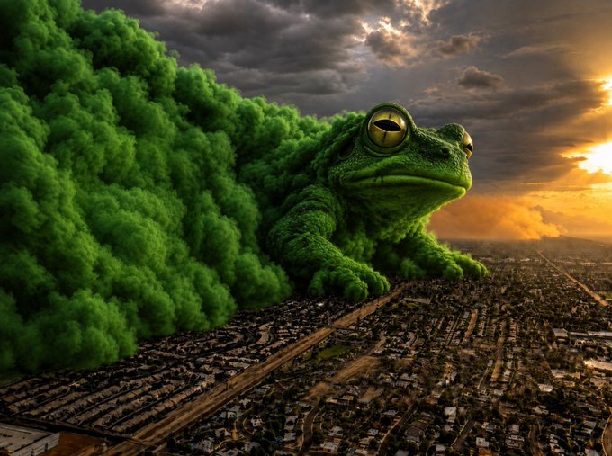 A digital art image depicting a giant green frog looming over a city landscape at sunset, with a massive cloud of green smoke billowing from behind it.