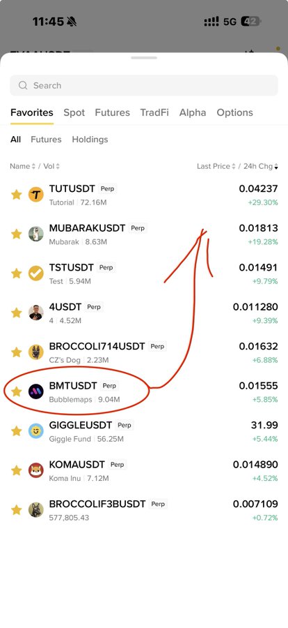 A mobile trading app screenshot shows a "Favorites" list of perpetual futures contracts, with "BMTUSDT Perp" (Bubblemaps) circled in red at $0.01555 (+5.85%), positioned among other tokens like TUTUSDT, MUBARAKUSDT, and TSTUSDT, highlighting BMT as a featured pick with strong momentum indicators as mentioned in the analysis.
