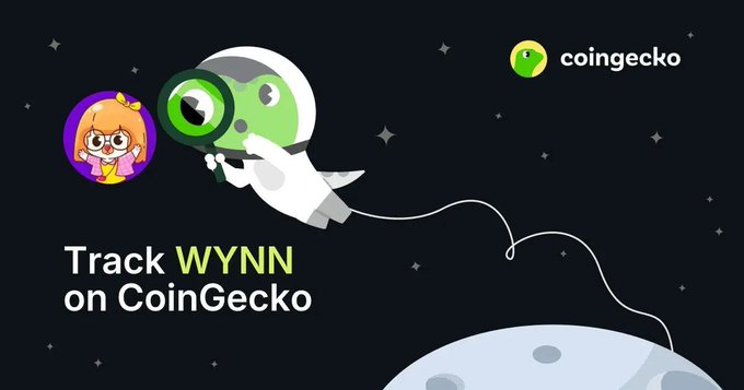 The image features a cartoon illustration of an astronaut wearing a white spacesuit, holding a magnifying glass over another cartoon character that appears to be a girl with glasses. The caption below the image reads "Track Wynn on CoinGecko".