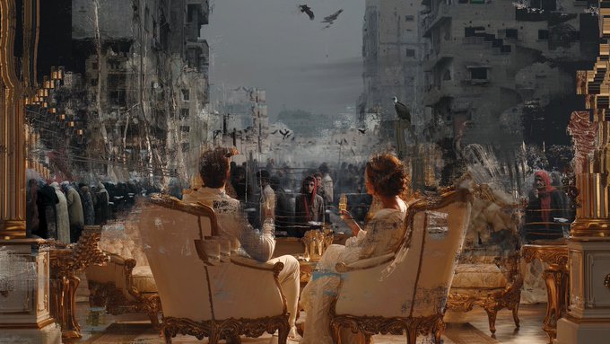 Digital artwork/painting depicting two elegantly dressed figures (a man and woman) seated in ornate gold chairs, viewed from behind, overlooking a dystopian cityscape with ruined buildings and dark birds in the sky.