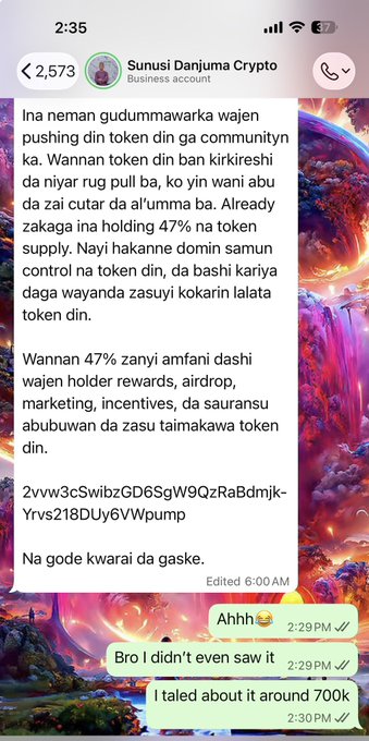 A WhatsApp screenshot shows a message from "Sunusi Danjuma Crypto" (a Business account) warning about a token with 47% supply held by insiders, posting wallet address "2vvw3cSwibzGD6SgW9QzRaBdmjk-Yrvs218DUy6VWpump," followed by the reply "Bro I didn't even saw it. I tated about it around 700k."