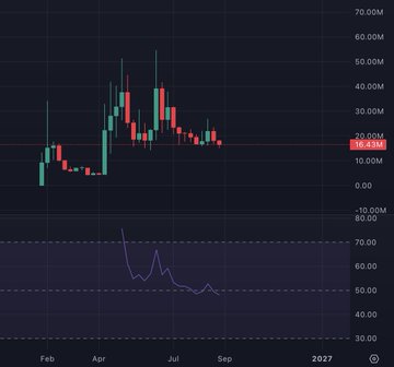 A candlestick chart shows $WOJAK trading at 16.15M, with price declining from a peak near 50M around April–July toward current lows near 16M, while the lower panel displays the weekly RSI hovering around 45–50 in oversold territory, supporting the post's claim that the meme token is at record-low RSI levels riding weekly support.