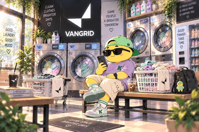 An illustration of a yellow duck character wearing a green cap, sunglasses, and a purple shirt, sitting on a bench in a laundromat while using a phone, surrounded by washing machines and signs reading 'VANGRID', 'CLEAN CLOTHES BRIGHTER DAYS', 'SAME PEOPLE A BRIGHTER TOMORROW', and 'FRESH CLOTHES FRESH MIND'.