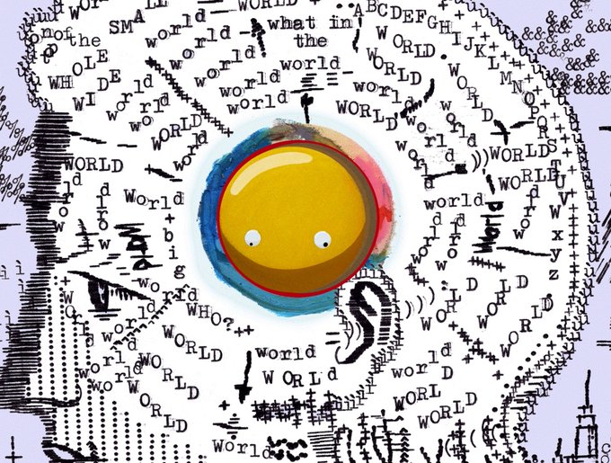 A yellow smiley face with wide, unsettling eyes floats amid a chaotic, swirling collage of the word "world," "WHO," letters, and symbols, visually echoing the "secrets revealed" theme by suggesting a hidden, perhaps overwhelming truth or conspiracy hidden behind a cheerful facade.