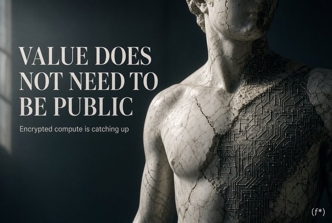 An advertisement featuring a cracked classical statue with circuit board patterns, accompanied by the text 'VALUE DOES NOT NEED TO BE PUBLIC' and 'Encrypted compute is catching up.'