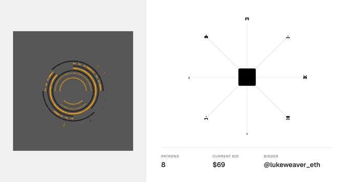 A webpage showing an NFT auction with 8 patrons, a current bid of $69 from bidder @lukeweaver_eth, featuring an abstract circular design on the left and a compass-like diagram on the right.
