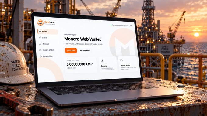 A laptop on an offshore platform shows the XMRNest web wallet interface displaying "Monero Web Wallet" with a balance of "0.00000000 XMR," illustrating the post's point that XMRnest aims to simplify Monero's first-time user experience. Safety helmets in the background reinforce the "Safety Builds Tomorrow" messaging, tying the platform's industrial setting to the wallet's promise of secure, no-frills accessibility.