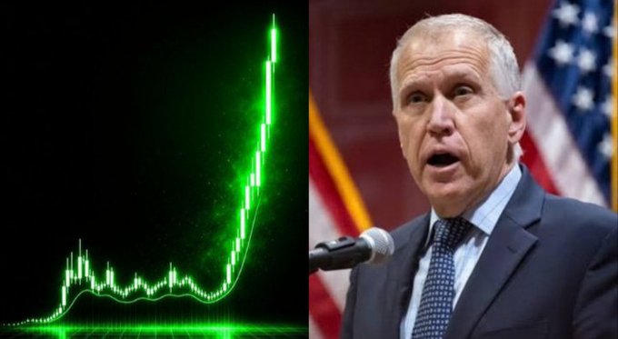 The image is split: on the left is a green candlestick chart showing a sharp upward price spike, symbolizing crypto market gains, and on the right is Sen. Thom Tillis speaking at a podium with an American flag behind him. Together, they visually tie Tillis's push to revive the CLARITY Act for a U.S. crypto market structure framework with the bullish market momentum the legislation could influence.