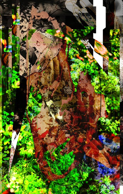 The image features an abstract art piece with various elements, including a hand, plants, and other objects such as a vase or a bowl. The colors used are predominantly green and brown, creating a unique and visually striking composition. The image is titled "New WORK - AuGUSTgROUND-please Repost! HEIDLE'S LAMENT from the eGG series 1/1 eggs.