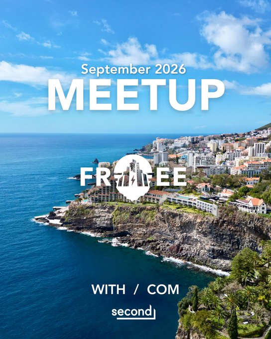 A promotional graphic with a coastal cliffside cityscape background, displaying text: "September 2026 MEETUP FREE WITH / COM second".