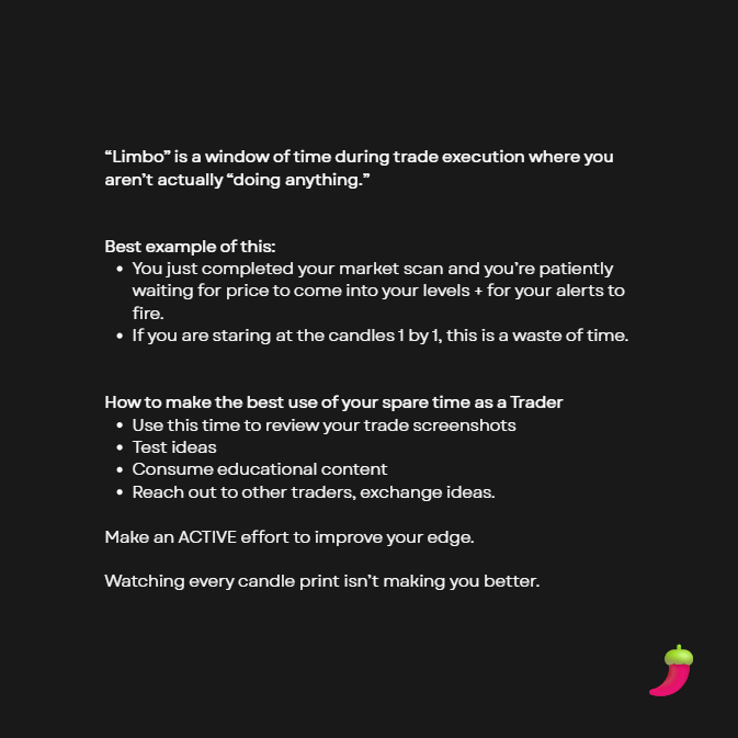 A dark-themed informational slide defines 'Limbo' as a window of time during trade execution where you aren't actually doing anything, suggesting traders use spare time to review screenshots, test ideas, and consume educational content instead of watching candles.