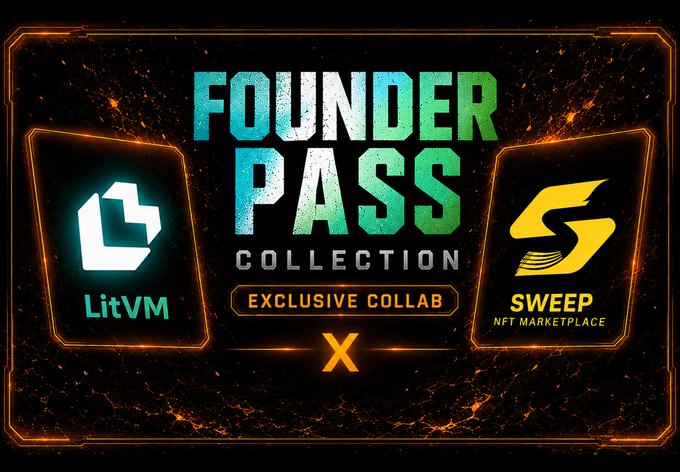 The image features a poster for a Founder Pass collection that includes logos of LiteVM and Sweep. The poster has an orange background with white text, which reads " Founders Pass Collection". The poster also shows logos of LiteVM and Sweep on either side, indicating their collaboration or partnership in creating the Founders Pass collection.