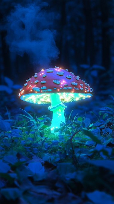 A glowing red mushroom with white spots emitting blue light from its underside, set in a dark, mystical forest environment.