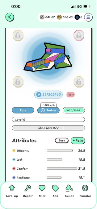 A mobile game interface displays a colorful sneaker NFT with stats including 33,750,596 token value, 'Rare' rarity, 'Trainer' tag, 100.0/100.0 energy, and attributes (Efficiency 26.8, Luck 15.8, Comfort 31.5, Resilience 15.1), with options for Level up, Repair, Mint, Sell, Fusion, and Transfer.