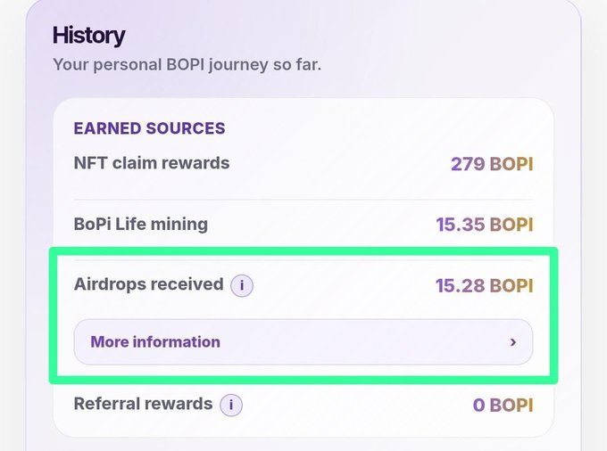 The image shows a History panel tracking BoPi earnings, highlighting "Airdrops received" totaling 15.28 BOPI with a "More information" link, along with NFT claim rewards (279 BOPI), BoPi Life mining (15.35 BOPI), and Referral rewards (0 BOPI). This illustrates the new Airdrop History feature mentioned in the post, which allows users to view detailed breakdowns of their weekly BoPi payouts.