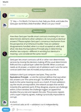 A Slack conversation titled 'GenLayer Validators Chat' discussing AI vs. validator consensus for smart contracts, with references to 'September 1' and 'September 2' timestamps, and the 'GenLayer Principles' regarding tie-breaking rules.